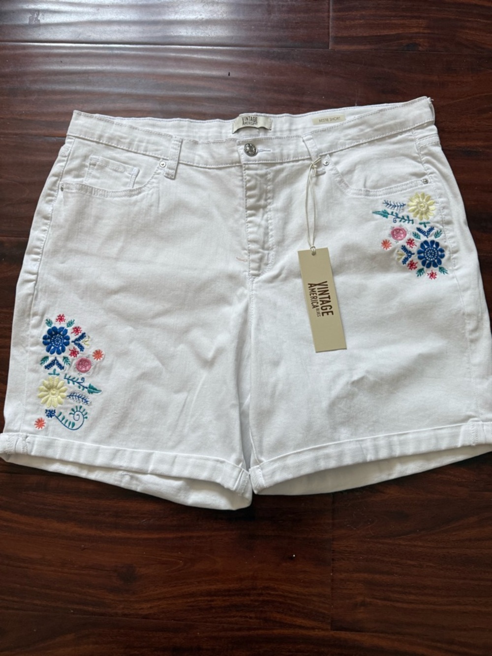 Vintage America White Denim Shorts with Multicolor Floral Embroidery